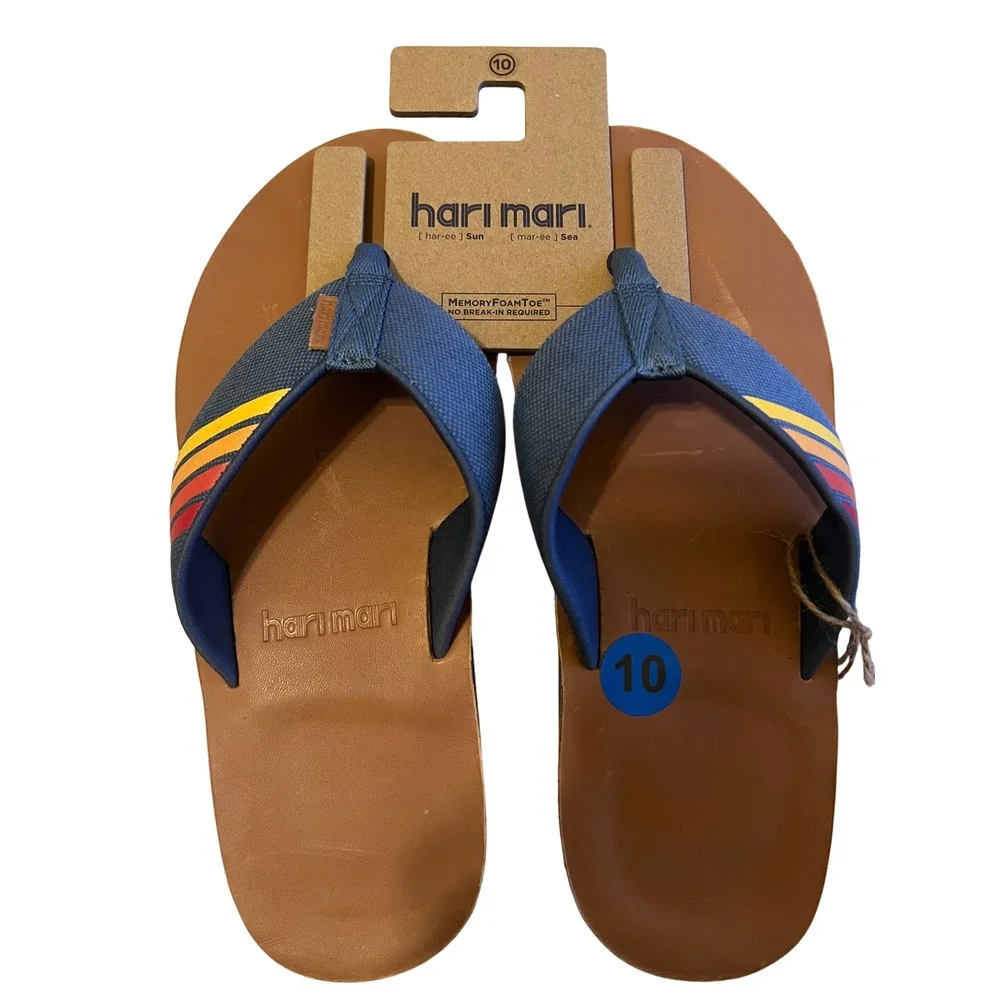 Hari Mari Flip Flops Men's Size 10 Brown Blue Stripe Memory Foam Toe Thong Sanda